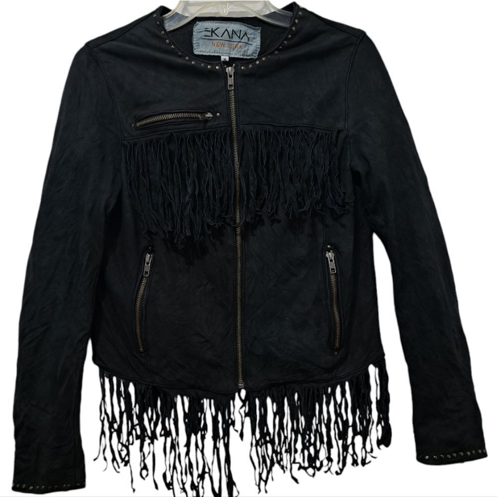 Ekana New York Y2K Gothic Studded Leather Fringe Jacket Cowgirl Streetwear Med